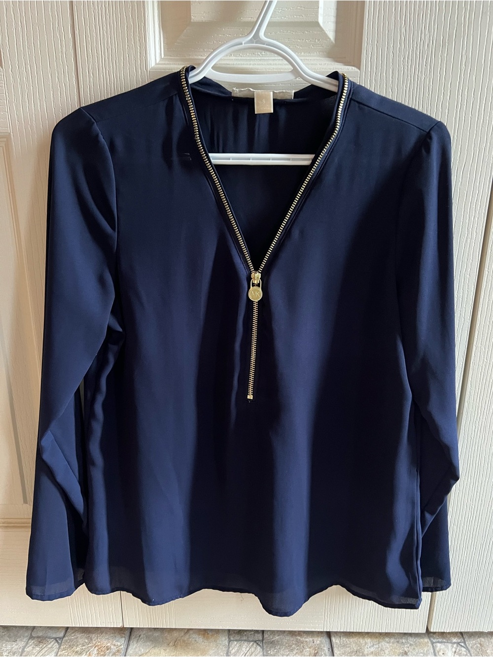 Michael Kors Navy Zip-Front Long-Sleeve Blouse with Gold-Tone Trim